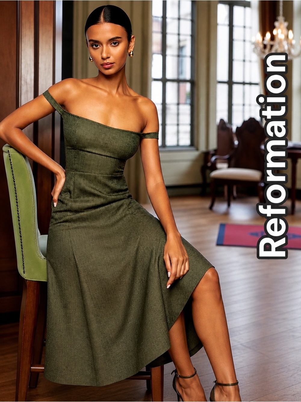 Reformation Off-Shoulder Midi Dress - The Stratford Dress, Size 0